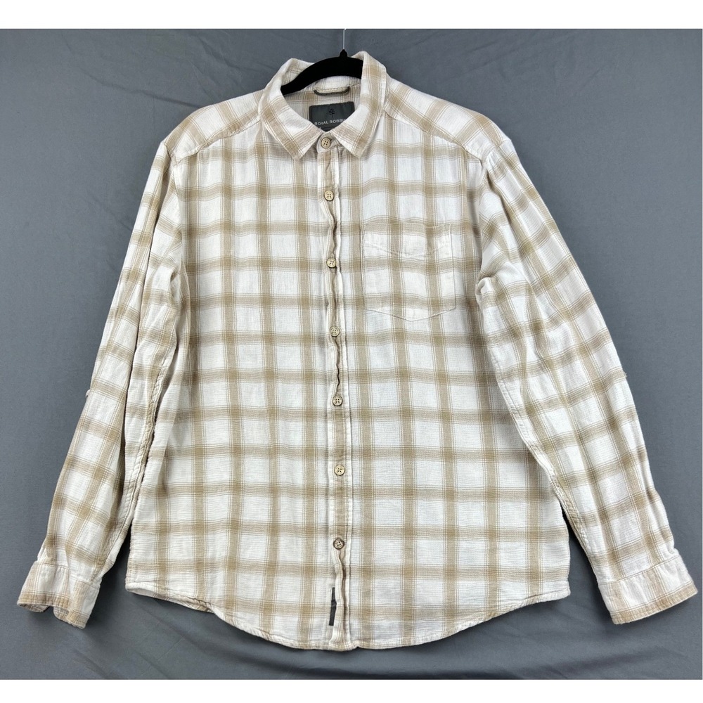 Royal Robbins Plaid Button Up Shirt Mens L Tan White Good Long Sleeve Outdoor